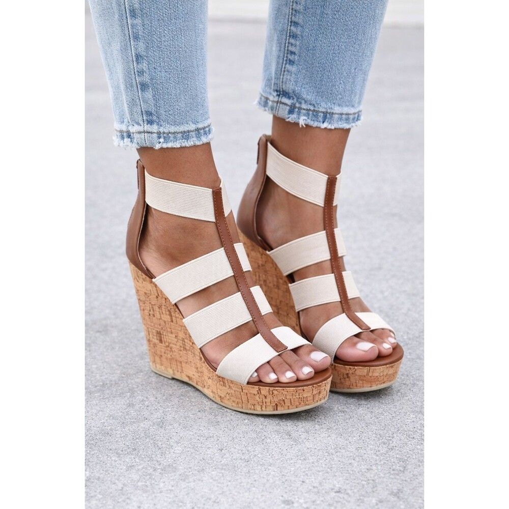 Steve Madden Selinah Wedge Sandals Size 8.5 Cork Platform Elastic Strap Neutral